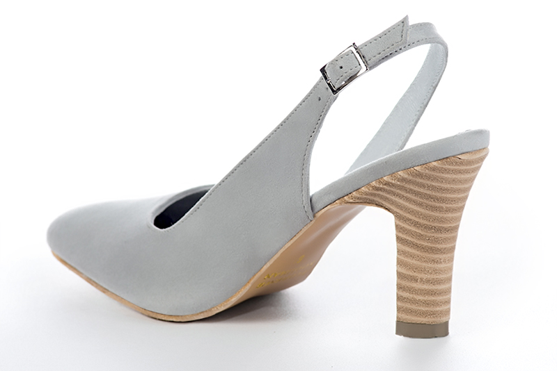 Pearl grey women's slingback shoes. Round toe. High kitten heels. Rear view - Florence KOOIJMAN